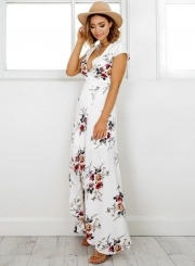 Elegant V Neck Short Sleeve High Split Floral Printed Maxi Dress