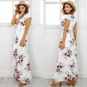 Elegant V Neck Short Sleeve High Split Floral Printed Maxi Dress