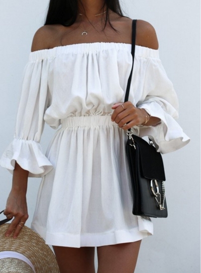 Half Sleeve Off Shoulder Elastic Waist Casual Dress