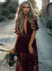 Pretty Deep V Neck Short Sleeve High Waist Lace Dress