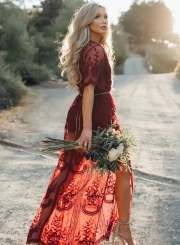 Pretty Deep V Neck Short Sleeve High Waist Lace Dress