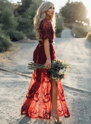 Pretty Deep V Neck Short Sleeve High Waist Lace Dress