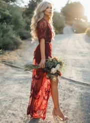 Pretty Deep V Neck Short Sleeve High Waist Lace Dress