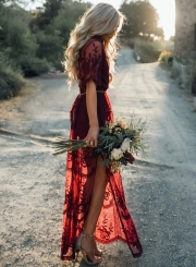 Pretty Deep V Neck Short Sleeve High Waist Lace Dress