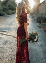 Pretty Deep V Neck Short Sleeve High Waist Lace Dress