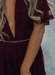 Pretty Deep V Neck Short Sleeve High Waist Lace Dress