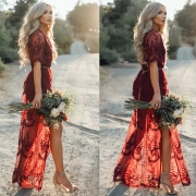 Pretty Deep V Neck Short Sleeve High Waist Lace Dress