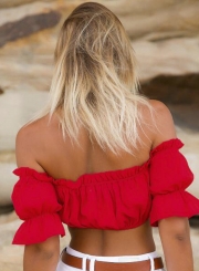 Women's Off Shoulder Short Sleeve Ruffle Crop Top