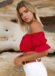 Women's Off Shoulder Short Sleeve Ruffle Crop Top