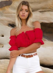 Women's Off Shoulder Short Sleeve Ruffle Crop Top