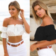 Women's Off Shoulder Short Sleeve Ruffle Crop Top