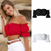 Women's Off Shoulder Short Sleeve Ruffle Crop Top