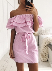 Short Sleeve Striped Off Shoulder Ruffle Day Dress with Belt