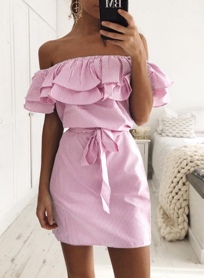 Short Sleeve Striped Off Shoulder Ruffle Day Dress with Belt