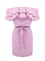 Short Sleeve Striped Off Shoulder Ruffle Day Dress with Belt