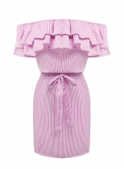 Short Sleeve Striped Off Shoulder Ruffle Day Dress with Belt
