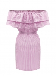 Short Sleeve Striped Off Shoulder Ruffle Day Dress with Belt