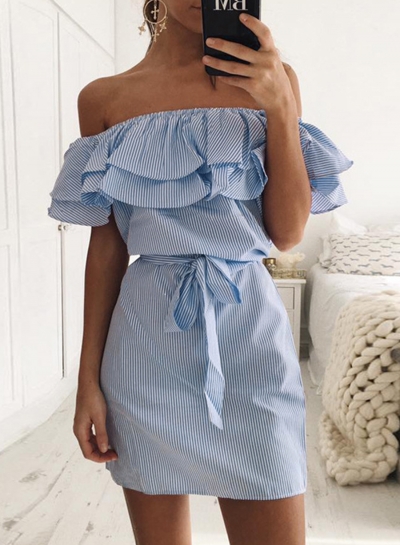 Short Sleeve Striped Off Shoulder Ruffle Day Dress with Belt YOUYOUFASHIONEC.com