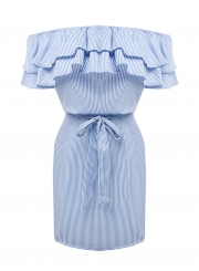 Short Sleeve Striped Off Shoulder Ruffle Day Dress with Belt