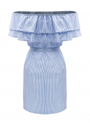 Short Sleeve Striped Off Shoulder Ruffle Day Dress with Belt