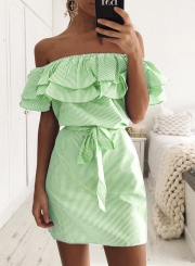 Short Sleeve Striped Off Shoulder Ruffle Day Dress with Belt