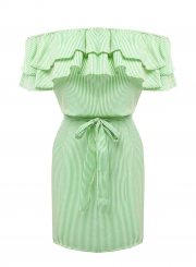 Short Sleeve Striped Off Shoulder Ruffle Day Dress with Belt