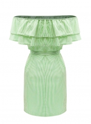 Short Sleeve Striped Off Shoulder Ruffle Day Dress with Belt