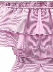 Short Sleeve Striped Off Shoulder Ruffle Day Dress with Belt