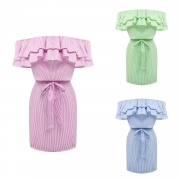 Short Sleeve Striped Off Shoulder Ruffle Day Dress with Belt