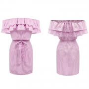 Short Sleeve Striped Off Shoulder Ruffle Day Dress with Belt