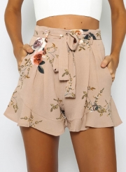 Fashion Women's Floral Printed Ruffle Loose Shorts with Belt