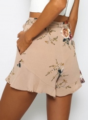 Fashion Women's Floral Printed Ruffle Loose Shorts with Belt