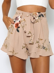 Fashion Women's Floral Printed Ruffle Loose Shorts with Belt