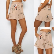 Fashion Women's Floral Printed Ruffle Loose Shorts with Belt