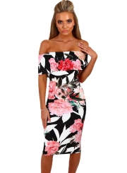 Fashion Off Shoulder Floral Bodycon Midi Night Club Dress