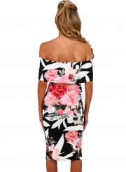 Fashion Off Shoulder Floral Bodycon Midi Night Club Dress