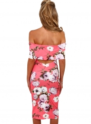 Fashion Off Shoulder Floral Bodycon Midi Night Club Dress