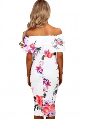 Fashion Off Shoulder Floral Bodycon Midi Night Club Dress