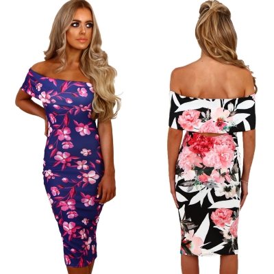 Fashion Off Shoulder Floral Bodycon Midi Night Club Dress stylesimo.com