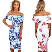 Fashion Off Shoulder Floral Bodycon Midi Night Club Dress