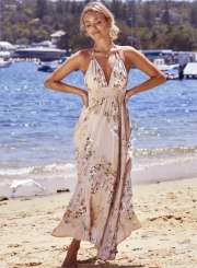 V Neck Sleeveless Backless Floral Printed Maxi Bohemian Dress