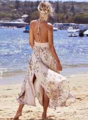 V Neck Sleeveless Backless Floral Printed Maxi Bohemian Dress