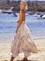 V Neck Sleeveless Backless Floral Printed Maxi Bohemian Dress