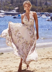 V Neck Sleeveless Backless Floral Printed Maxi Bohemian Dress