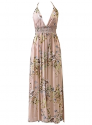 V Neck Sleeveless Backless Floral Printed Maxi Bohemian Dress