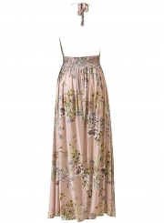 V Neck Sleeveless Backless Floral Printed Maxi Bohemian Dress