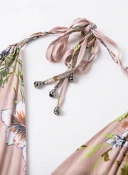 V Neck Sleeveless Backless Floral Printed Maxi Bohemian Dress