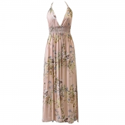 V Neck Sleeveless Backless Floral Printed Maxi Bohemian Dress