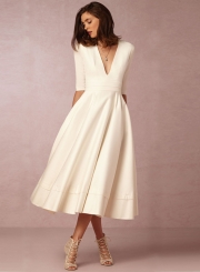 A-Line V Neck Half Sleeve Midi Party Dress