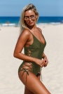 army-green-plunging-v-neck-grommet-lace-up-one-piece-swimwear